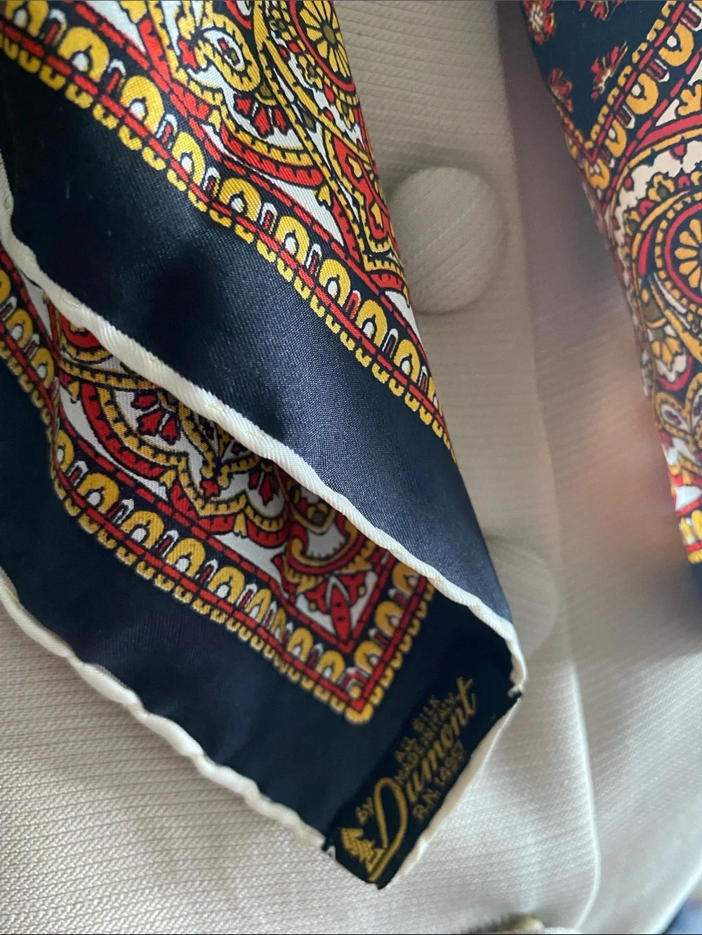 Dumont Vintage Men's Black Silk Paisley-Neck Scarf with Red & Gold Accents